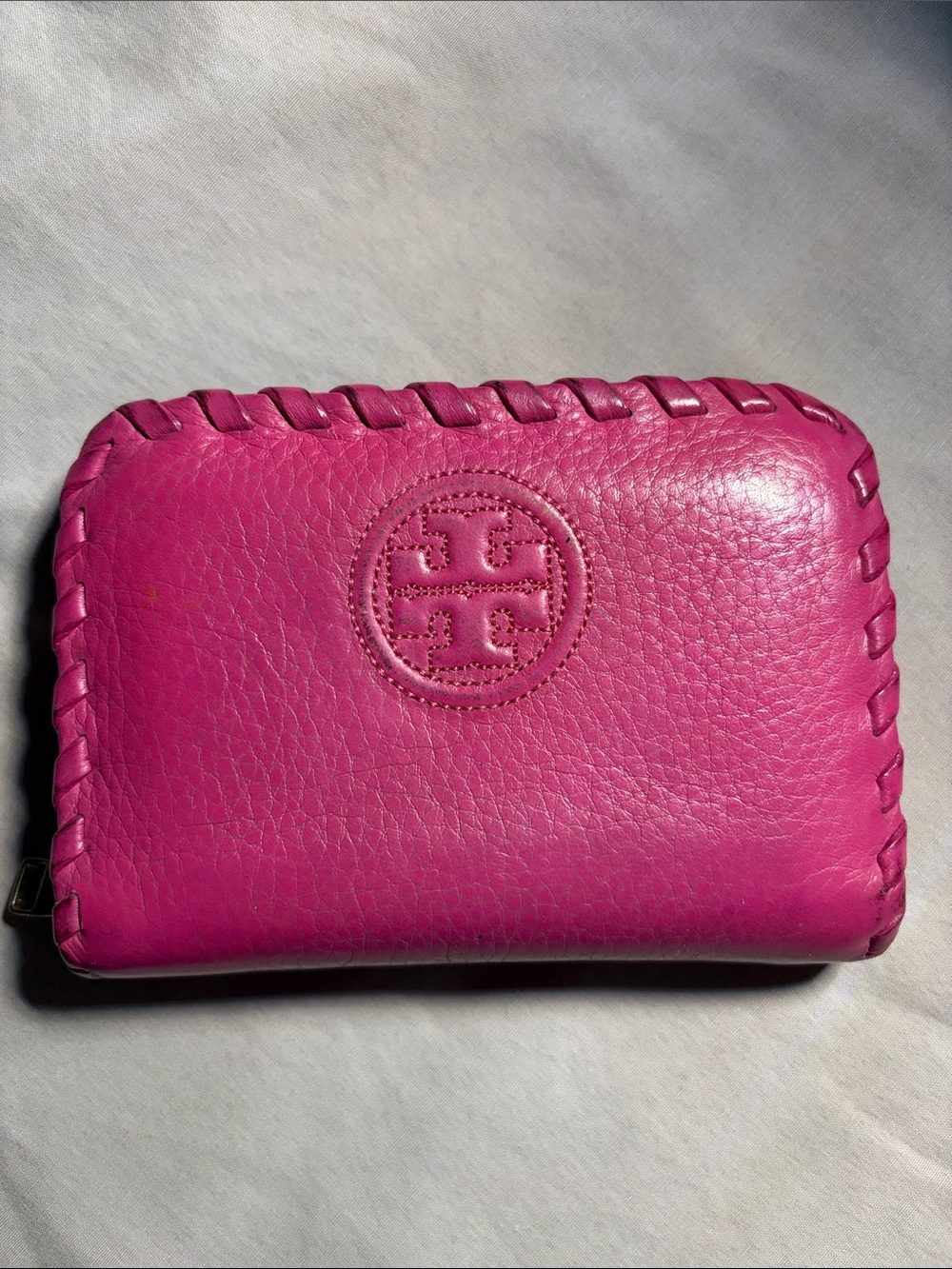 Tory Burch Bright Pink Pebbled Leather Zip Wallet with Whipstitch Trim